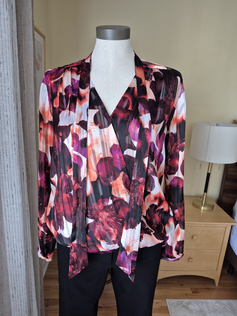 Guess Tie-Neck Floral Blouse in Magenta and Black